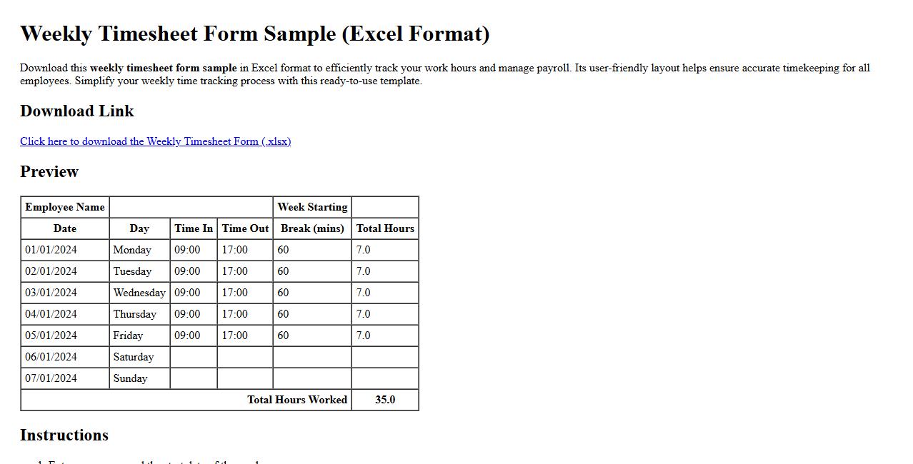 weekly timesheet form sample in excel format image preview