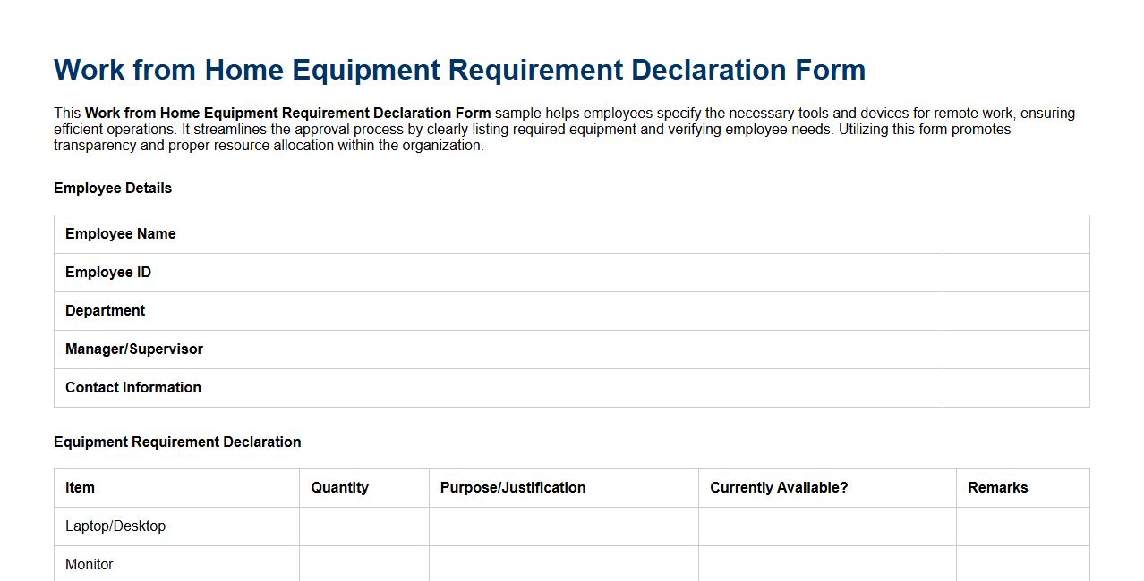 Work from home equipment requirement declaration form sample image preview