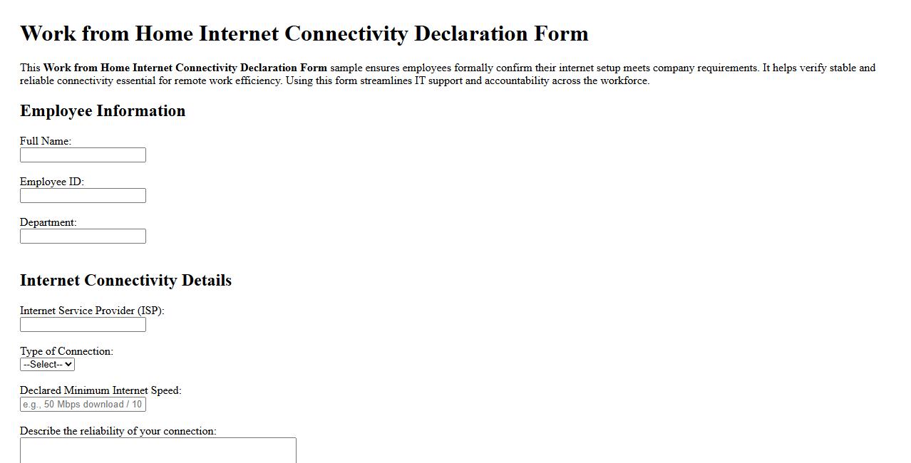 Work from home internet connectivity declaration form sample image preview