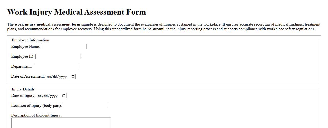 Work injury medical assessment form sample image preview