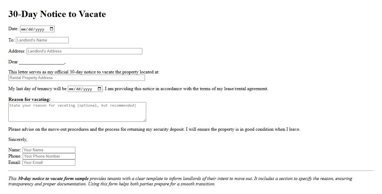 30-day notice to vacate form sample with reason image preview