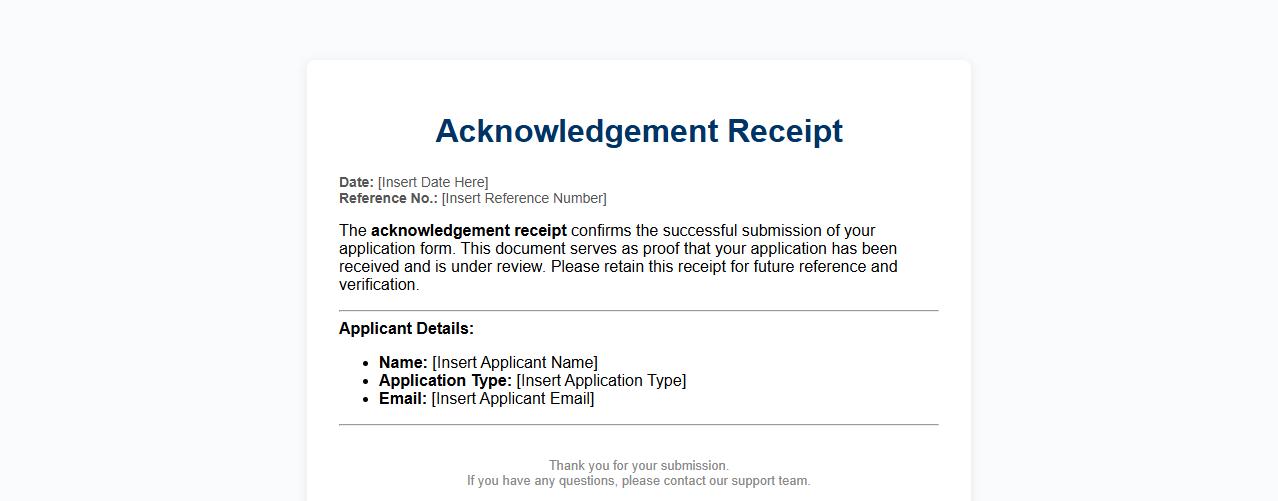 Acknowledgement receipt for application form submission image preview