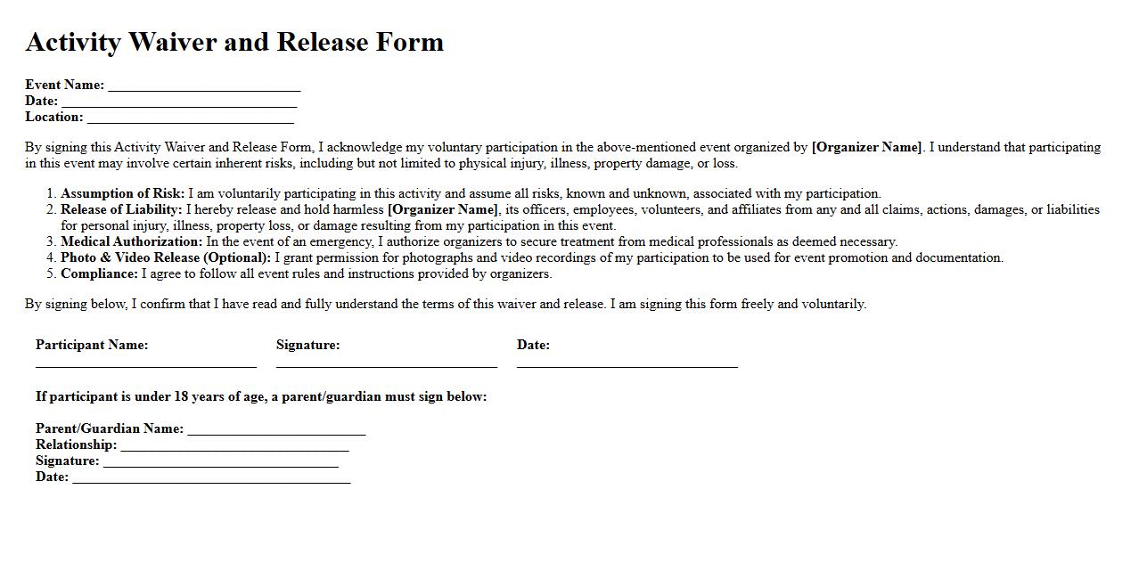 Activity waiver and release form sample for community events image preview