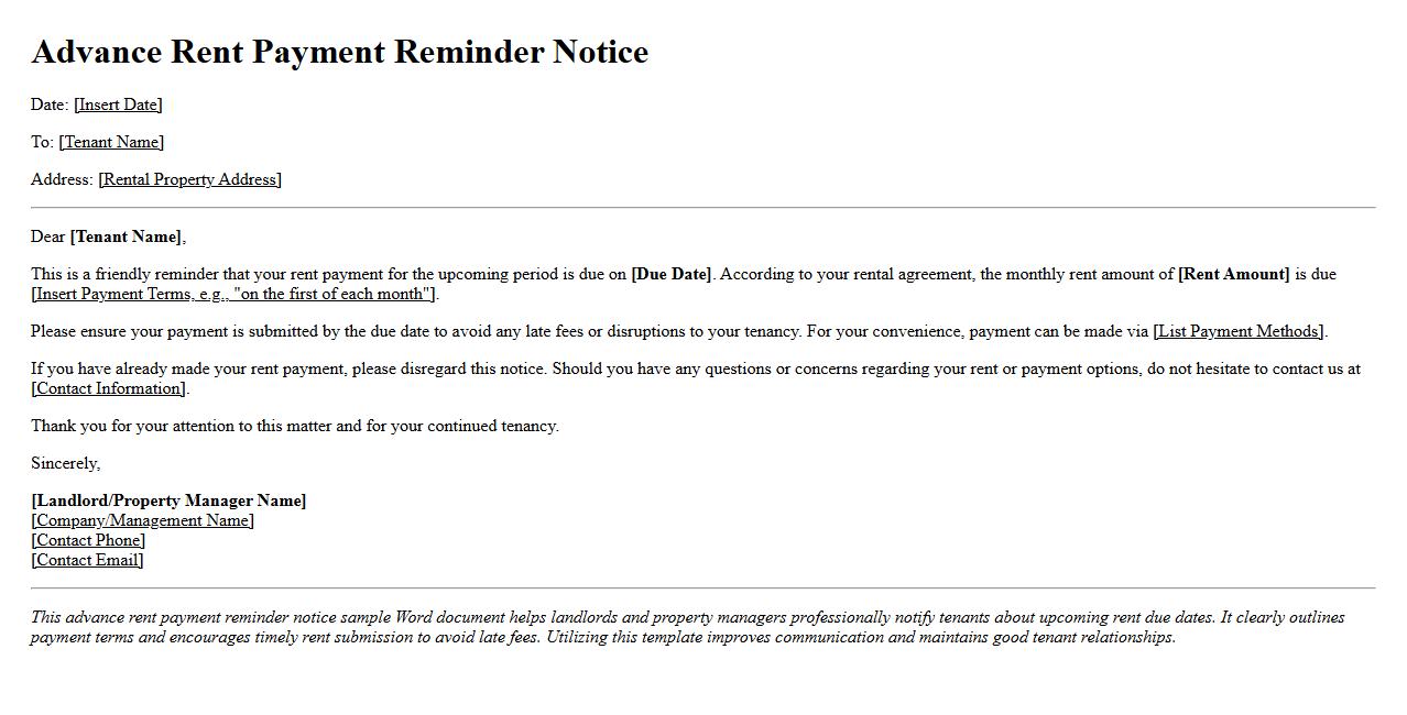 advance rent payment reminder notice sample word image preview
