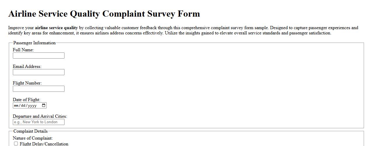 airline service quality complaint survey form sample image preview