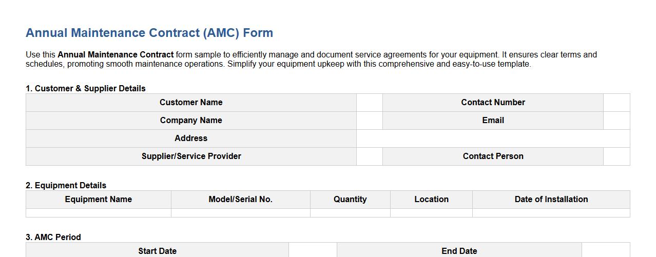 Annual maintenance contract form sample for equipment image preview