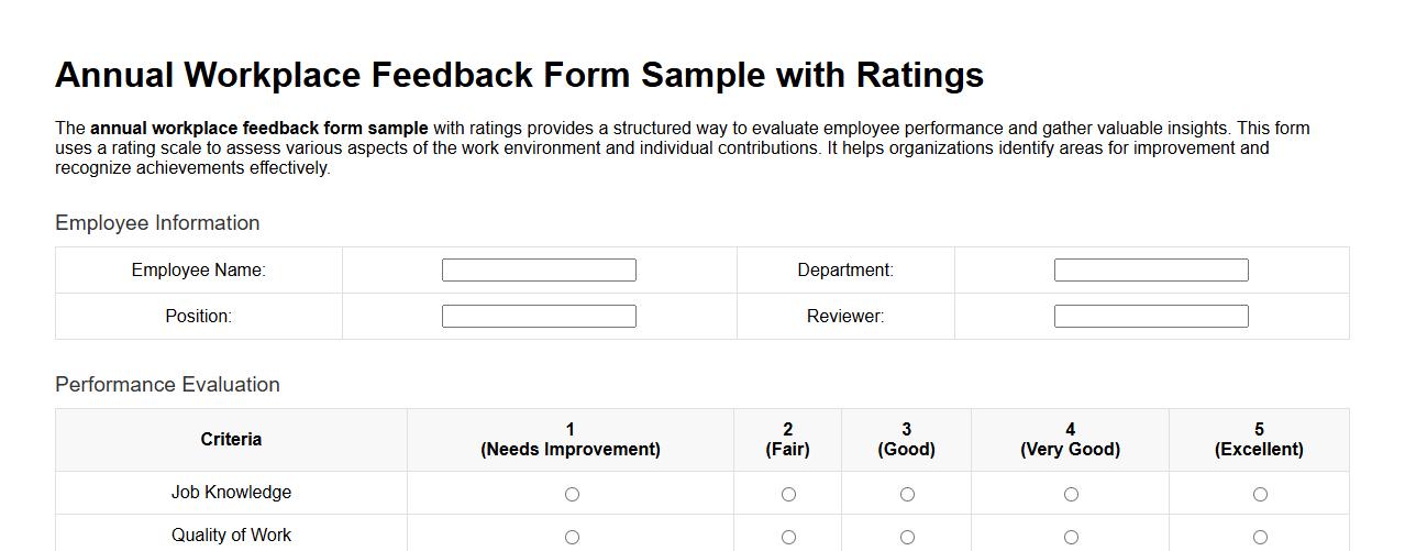 Annual workplace feedback form sample with ratings image preview