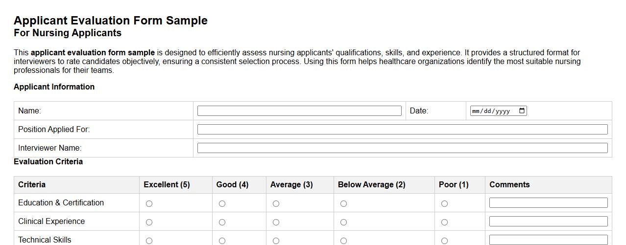 applicant evaluation form sample for nursing applicants image preview