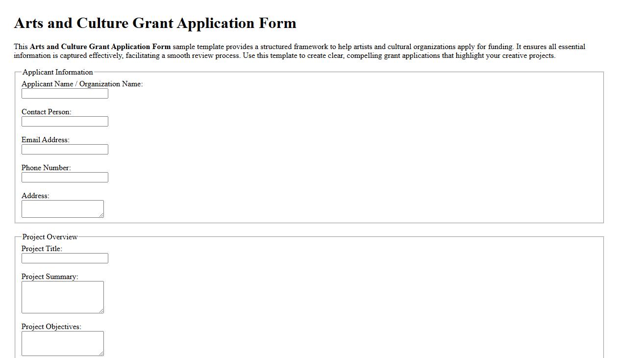 Arts and culture grant application form sample template image preview