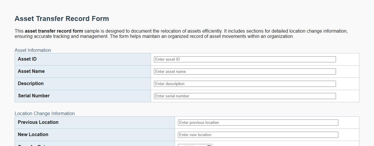 Asset transfer record form sample with location change information image preview