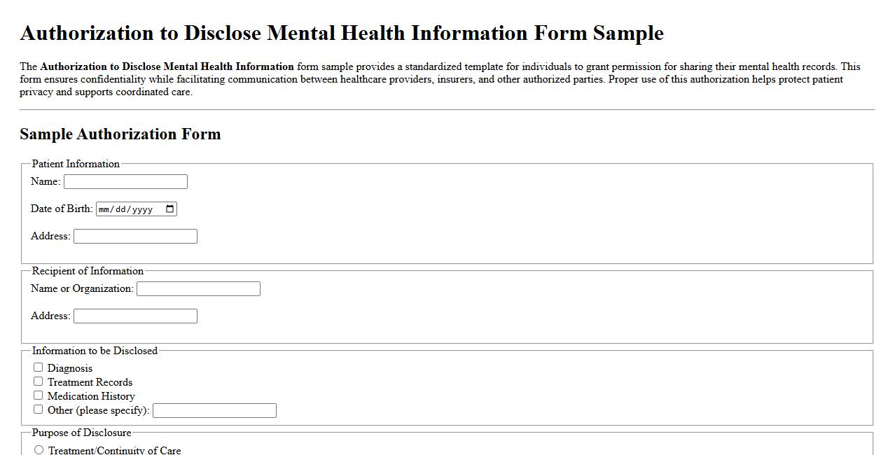 Authorization to Disclose Mental Health Information Form Sample image preview