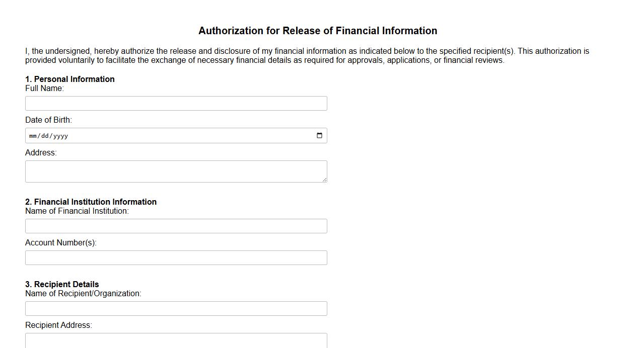 Authorization for release of financial information form sample image preview