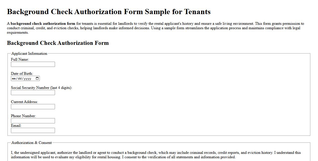 Background check authorization form sample for tenants image preview
