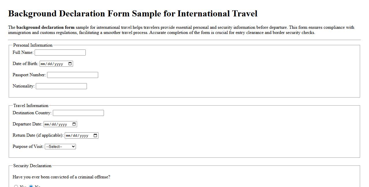 Background declaration form sample for international travel image preview