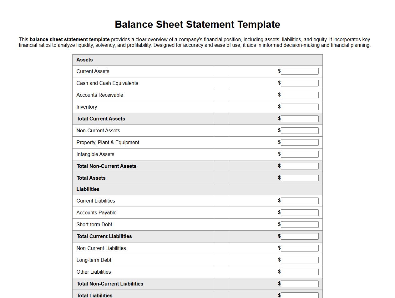 Balance sheet statement template with financial ratios image preview