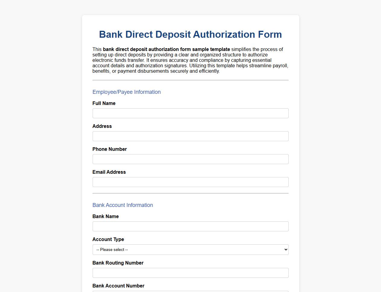 bank direct deposit authorization form sample template image preview