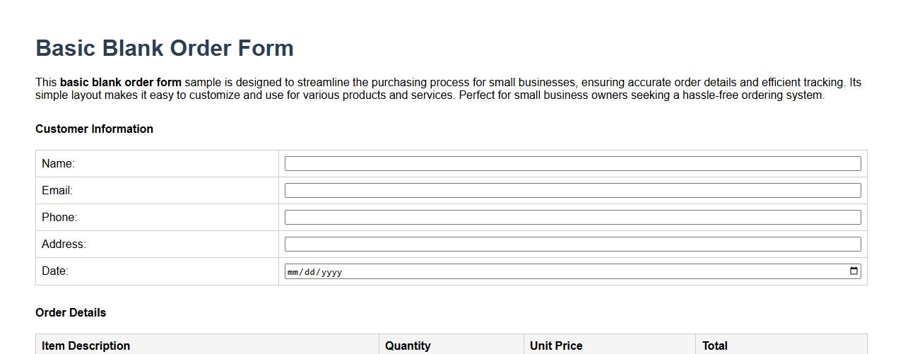 Basic blank order form sample for small business image preview