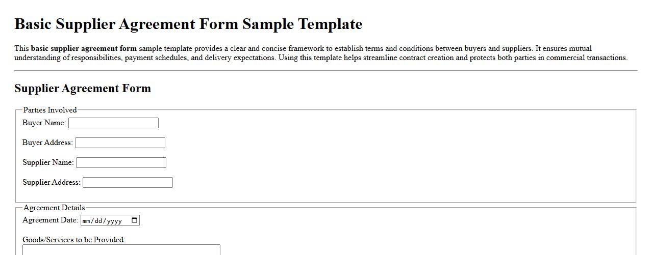 Basic supplier agreement form sample template image preview