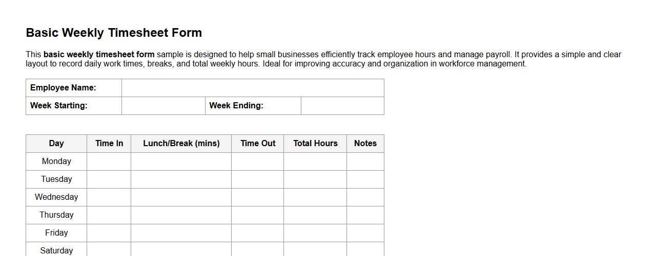 basic weekly timesheet form sample for small business image preview