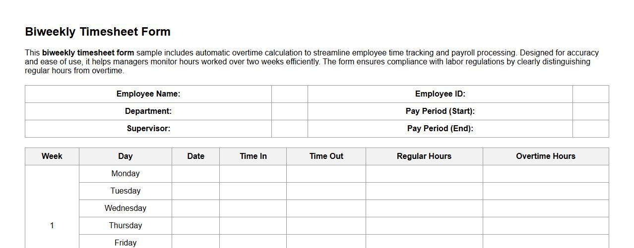 Biweekly timesheet form sample with overtime calculation image preview