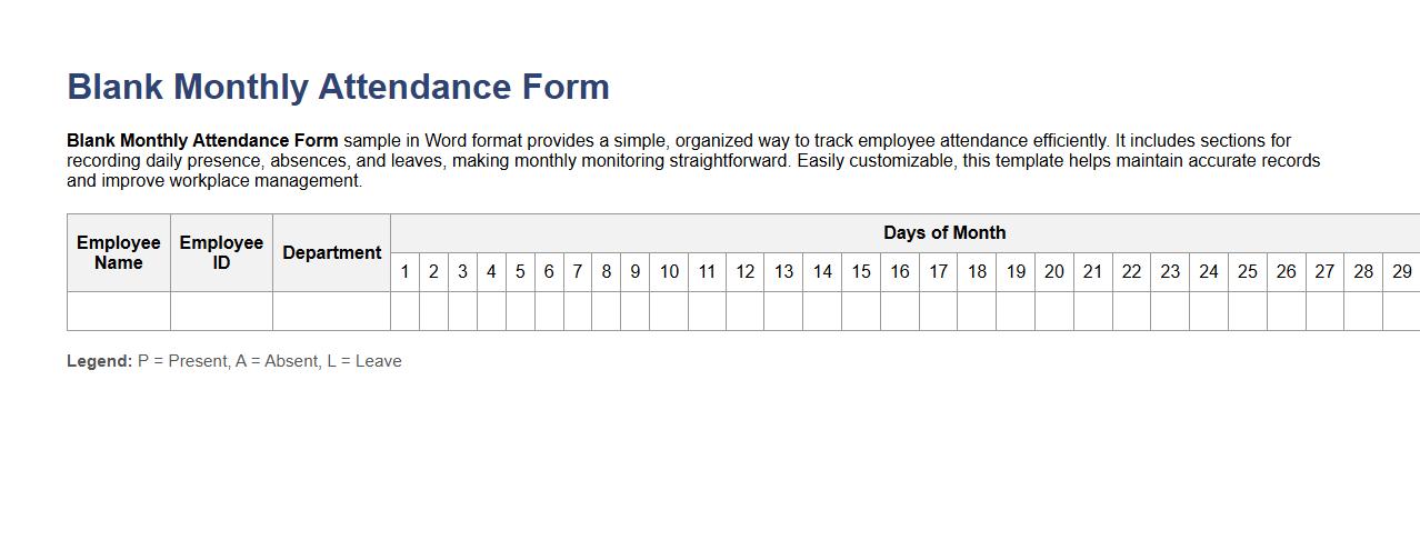 Blank Monthly Attendance Form Sample Word image preview