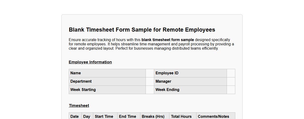 blank timesheet form sample for remote employees image preview