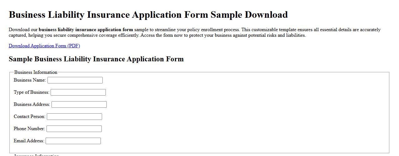 Business liability insurance application form sample download image preview