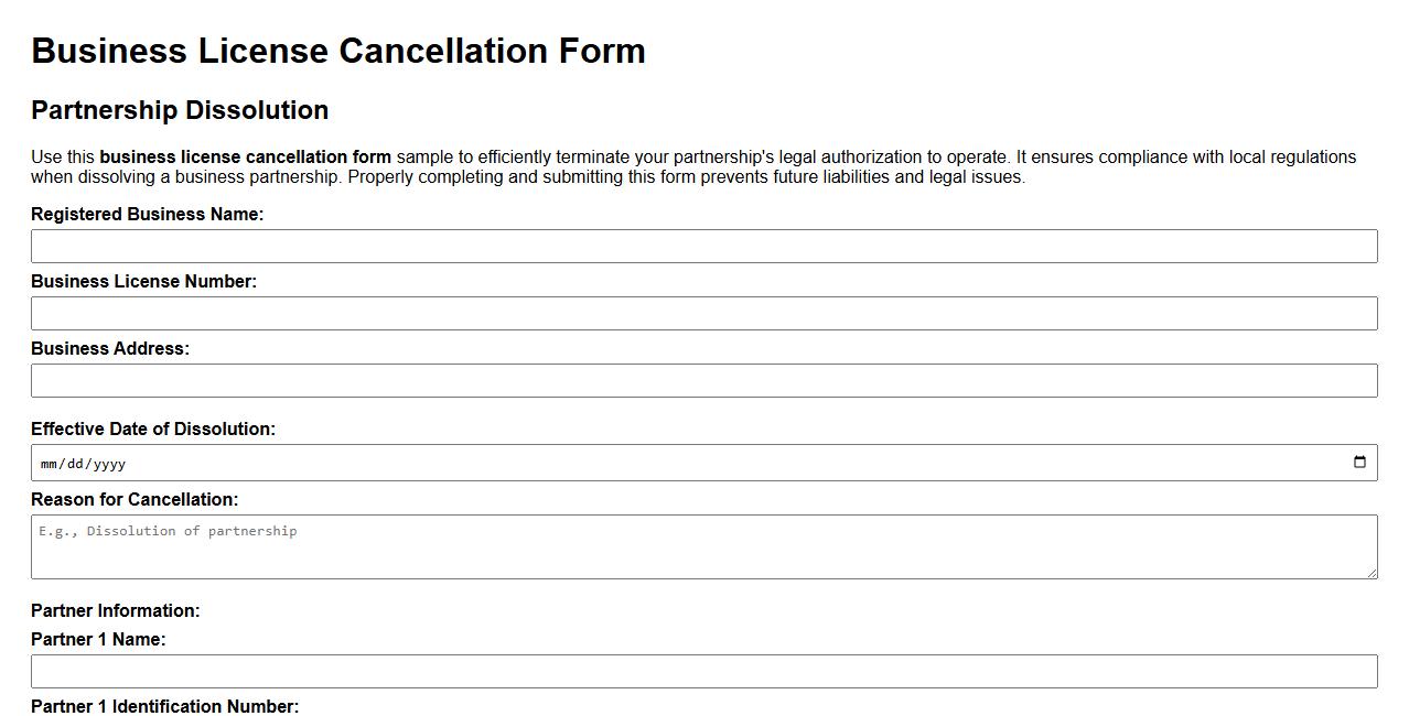 Business license cancellation form sample for partnership dissolution image preview