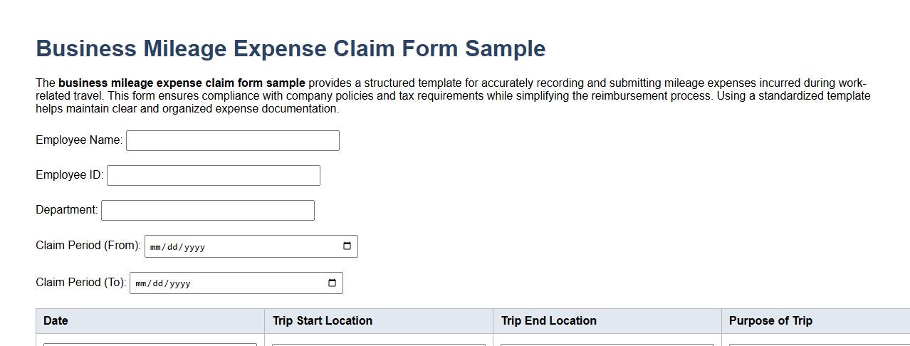 Business mileage expense claim form sample image preview