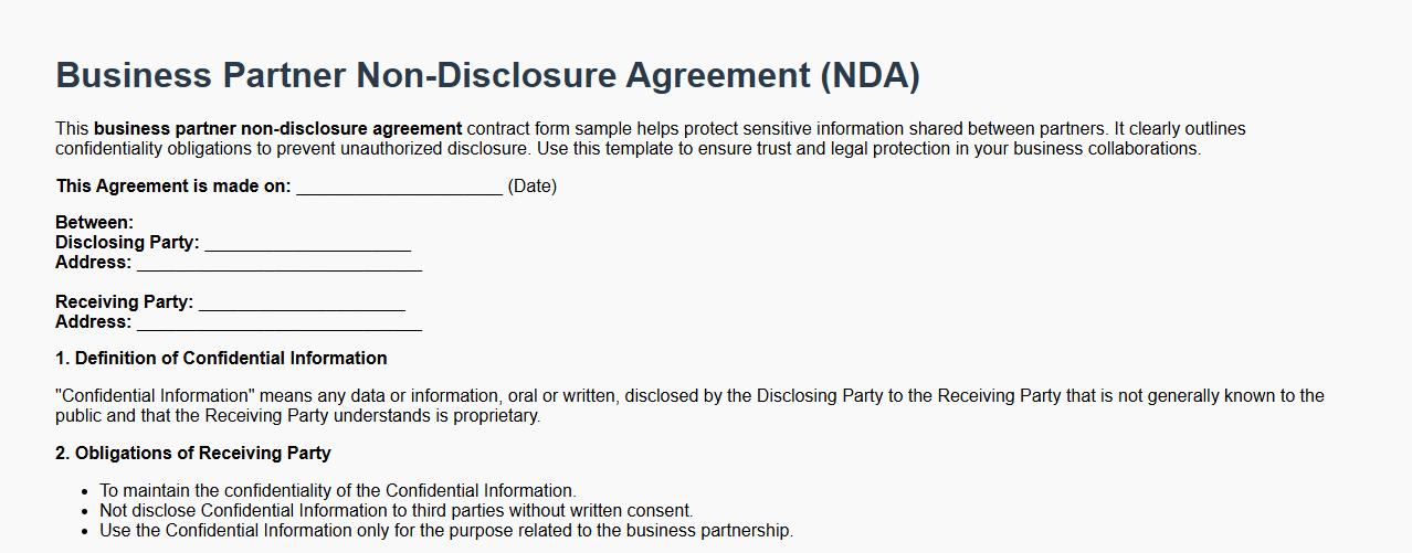 business partner non-disclosure agreement contract form sample image preview