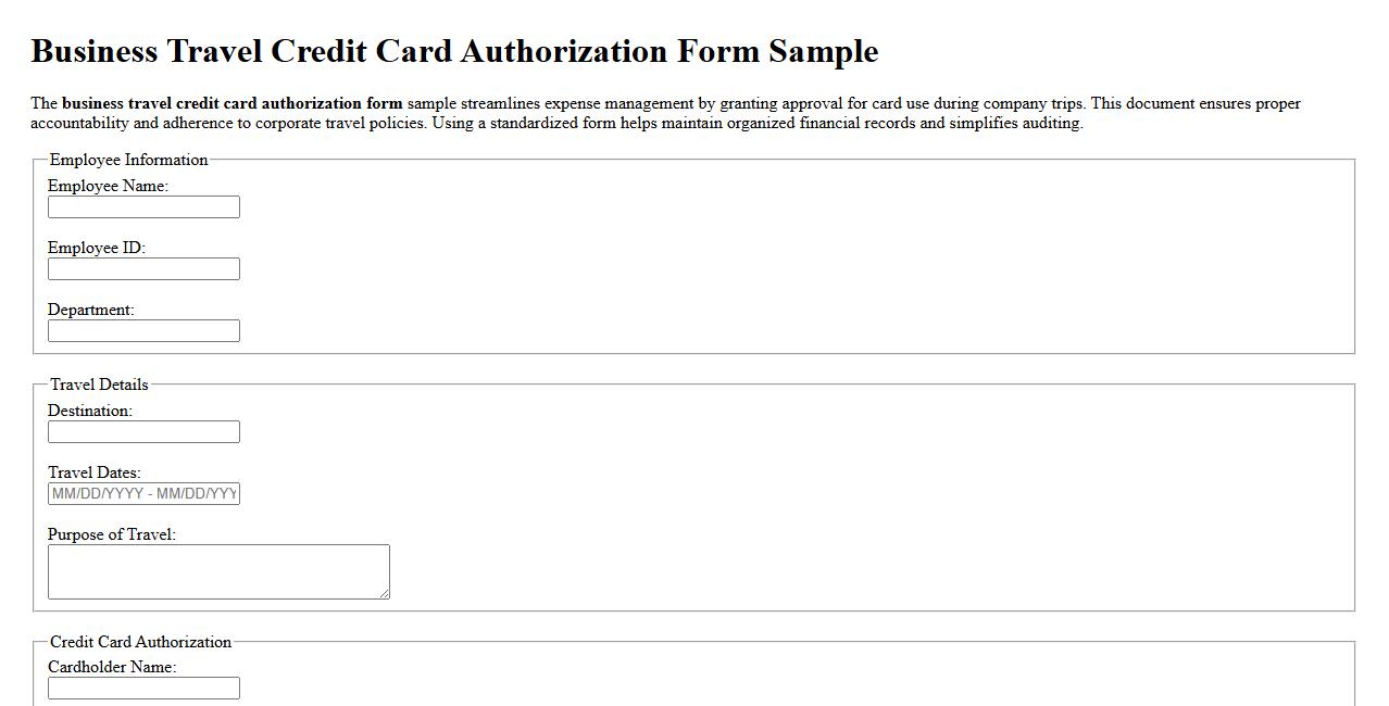 Business travel credit card authorization form sample image preview