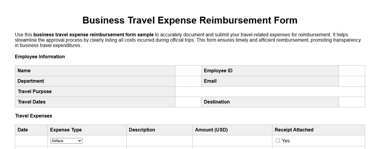business travel expense reimbursement form sample image preview