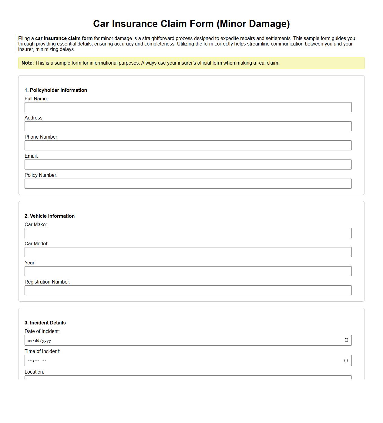 car insurance claim form sample for minor damage image preview