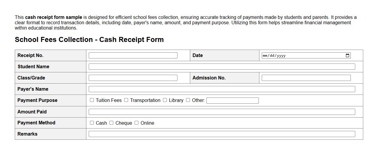 cash receipt form sample for school fees collection image preview