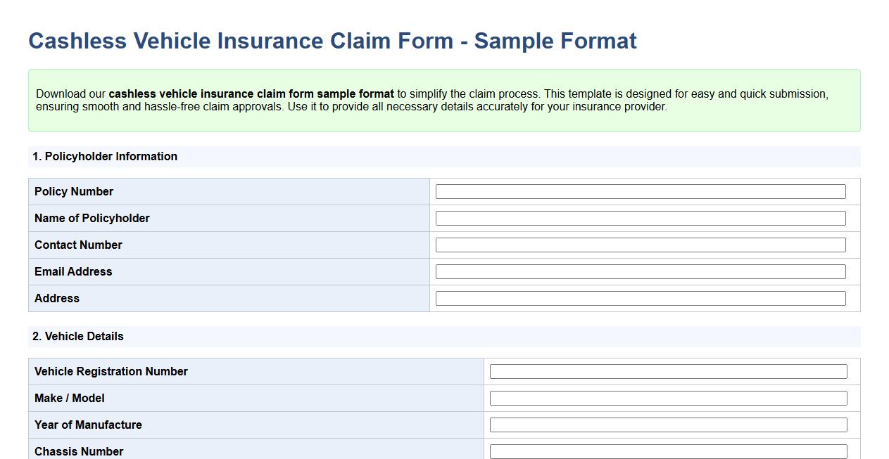 cashless vehicle insurance claim form sample format image preview