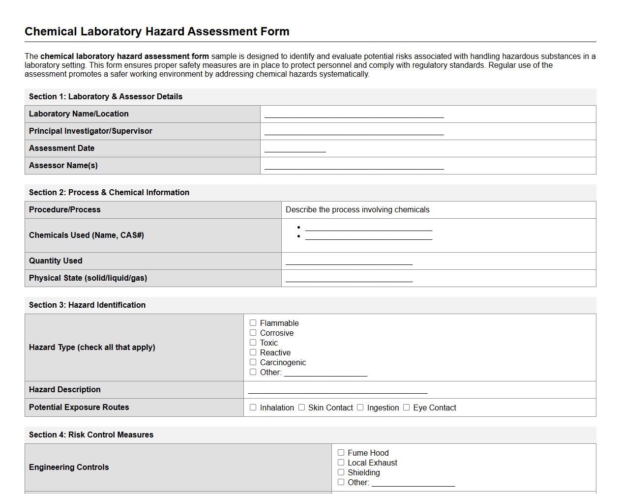 chemical laboratory hazard assessment form sample image preview