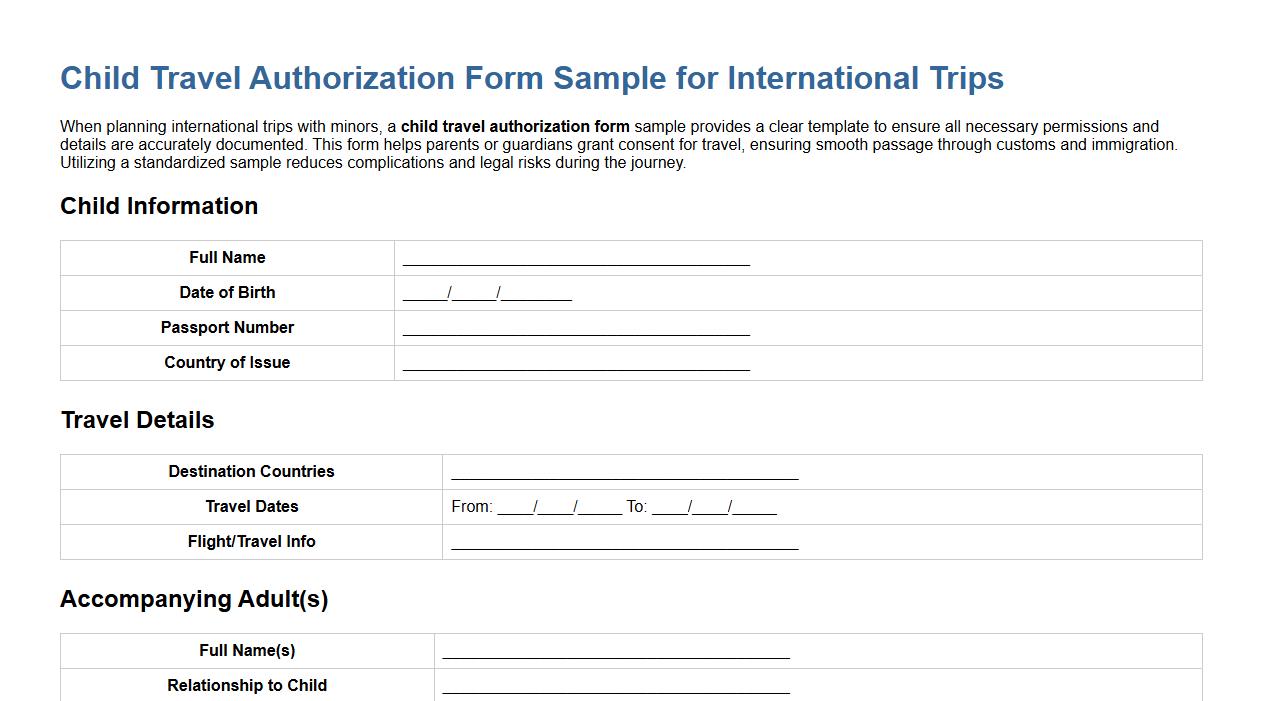 Child travel authorization form sample for international trips image preview