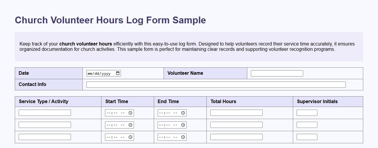 Church volunteer hours log form sample image preview