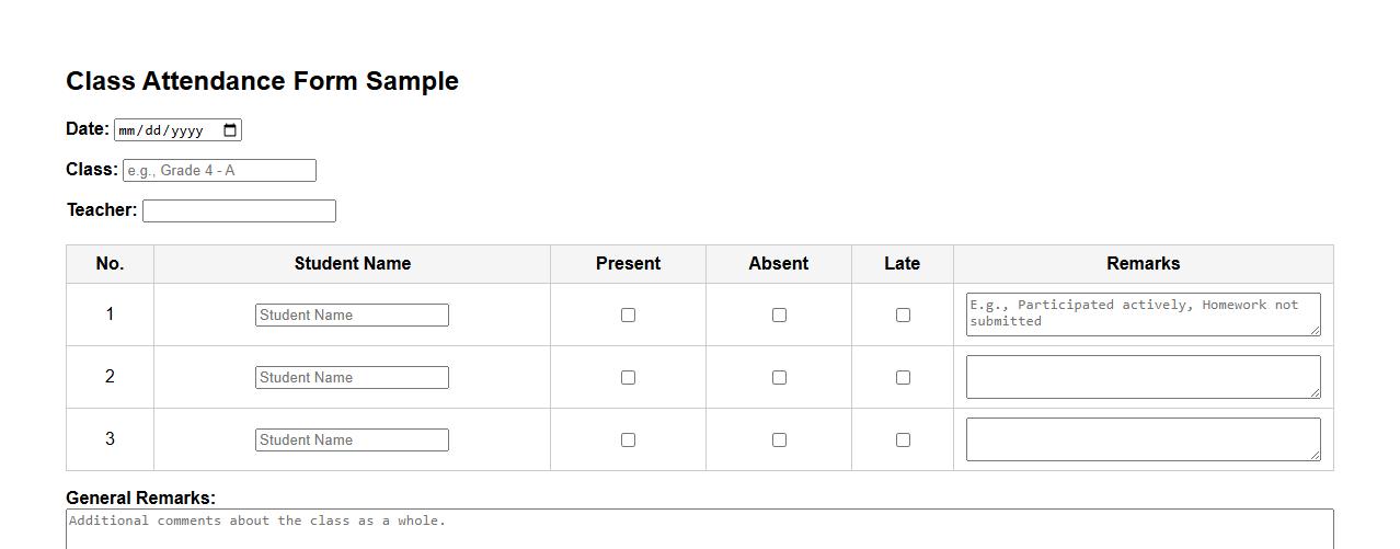 class attendance form sample with remarks section image preview