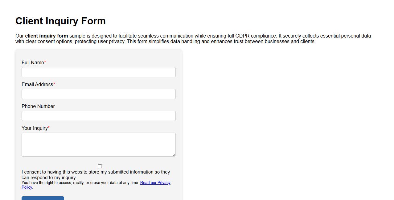 Client inquiry form sample with GDPR compliance image preview