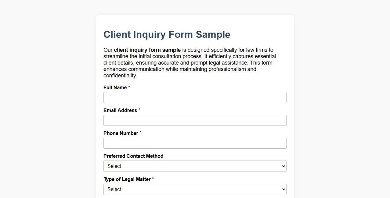 Client inquiry form sample for law firms image preview