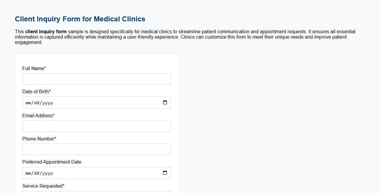Client inquiry form sample for medical clinics image preview