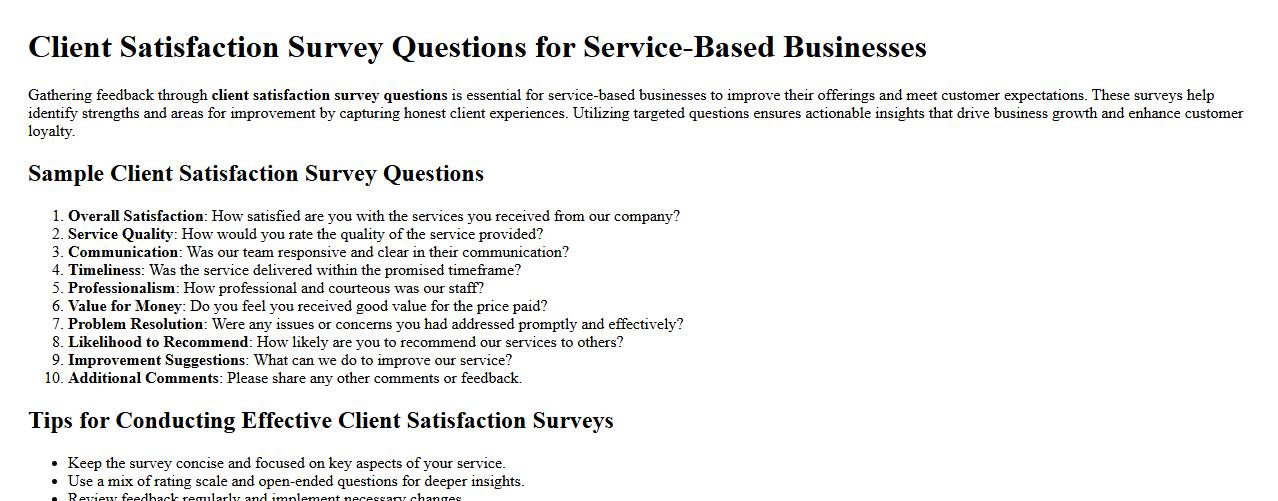 Client satisfaction survey questions for service-based businesses image preview