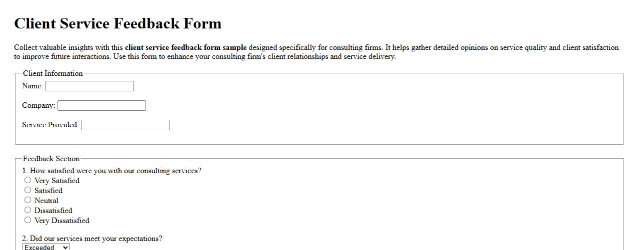 Client service feedback form sample for consulting firms image preview