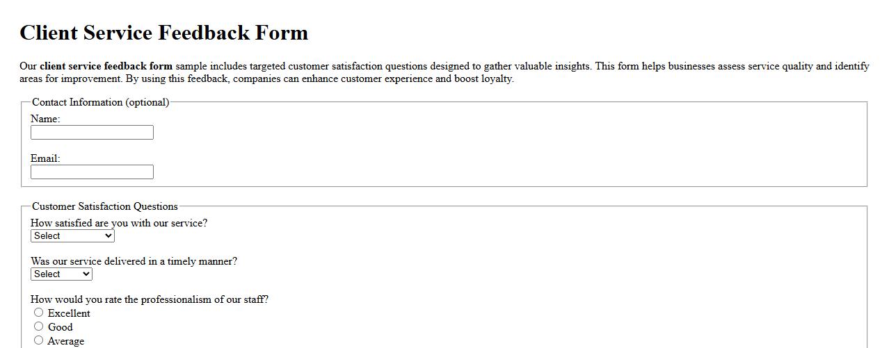 Client service feedback form sample with customer satisfaction questions image preview
