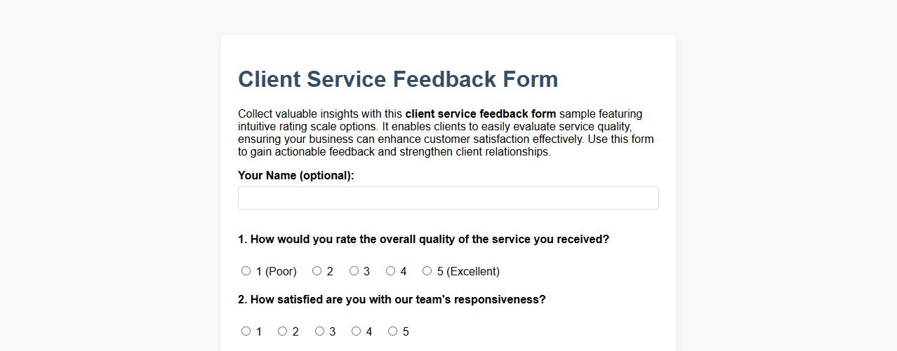 Client service feedback form sample with rating scale options image preview