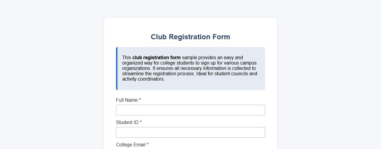 Club registration form sample for college students image preview