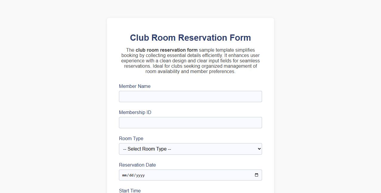 Club room reservation form sample template image preview