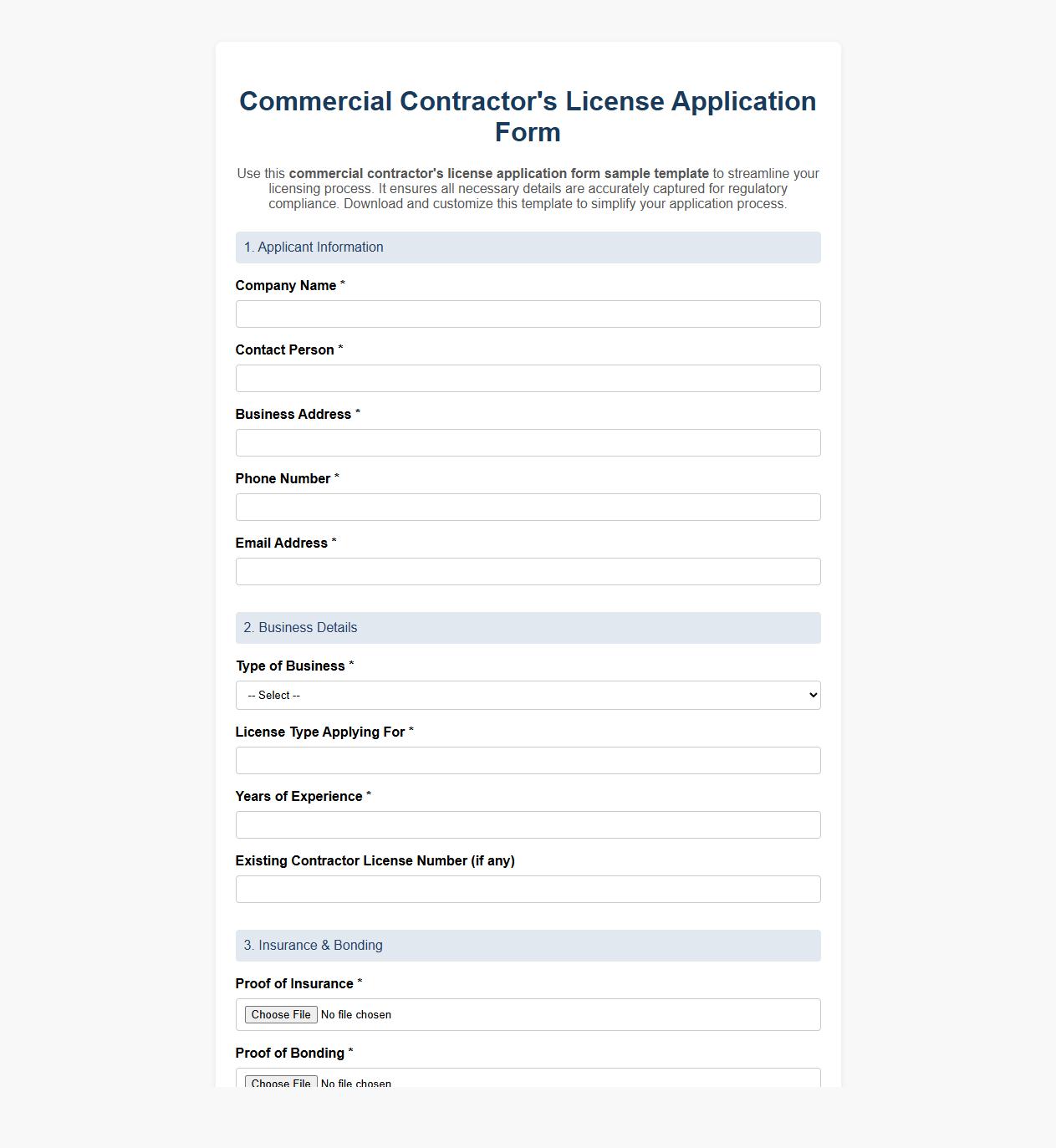 commercial contractor’s license application form sample template image preview