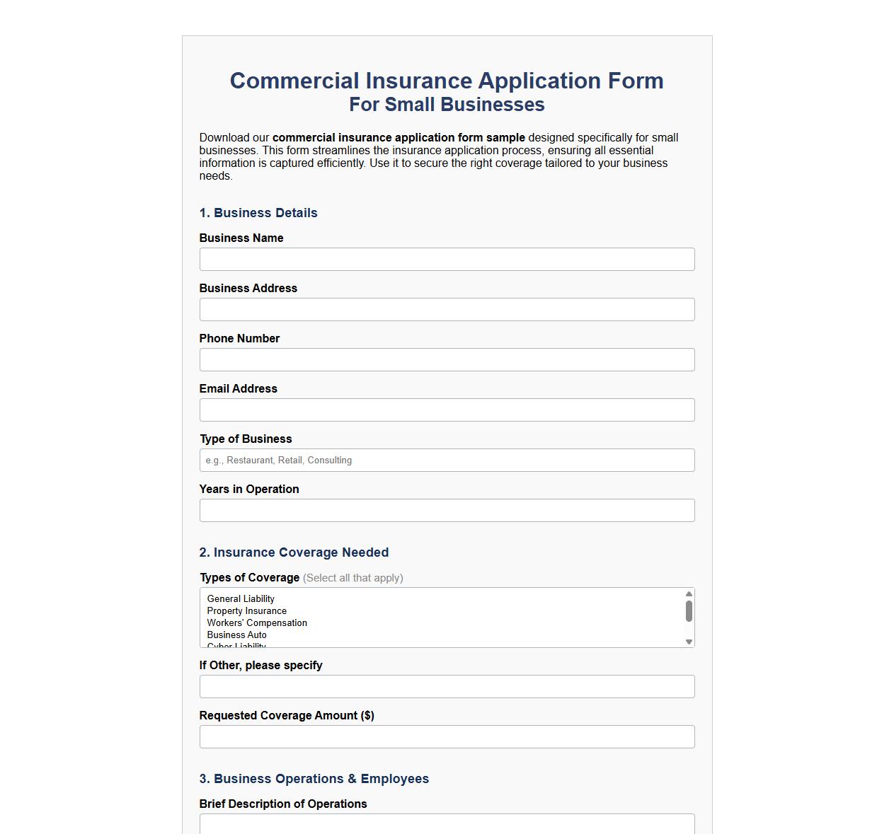 Commercial insurance application form sample for small businesses image preview